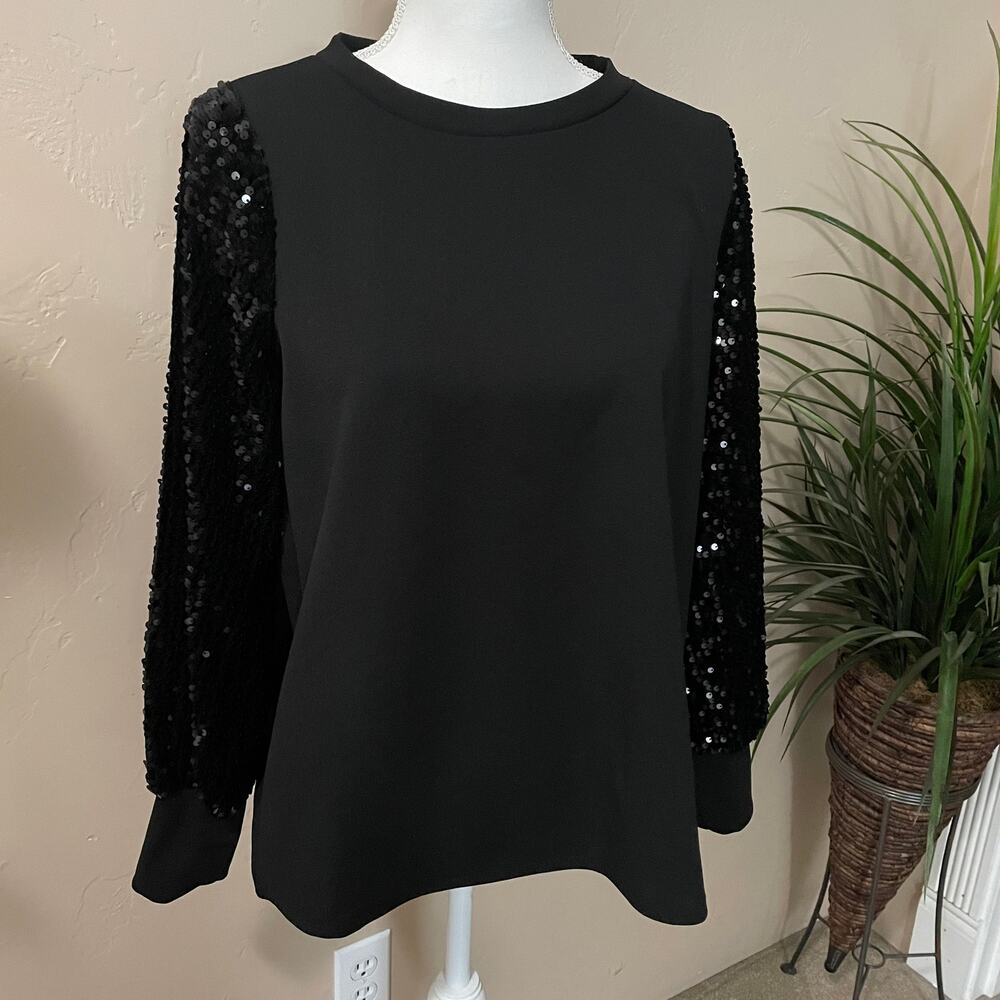 Cotton Bleu Womens Small Top Black Sequined Sleeves